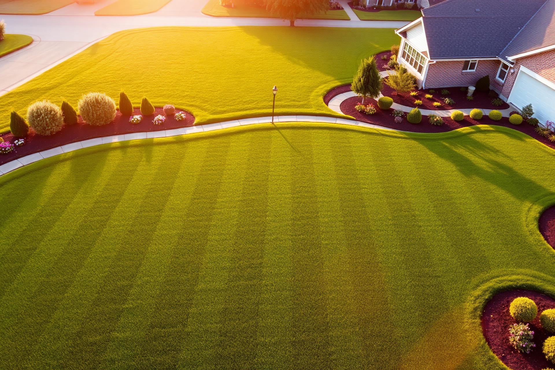 Beautifully striped manicured lawn at golden hour